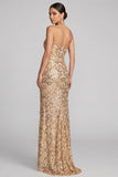 Robe de soirée longue dorée sans bretelles à paillettes