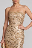 Robe de soirée longue dorée sans bretelles à paillettes