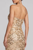 Robe de soirée longue dorée sans bretelles à paillettes