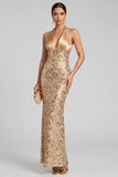 Robe de soirée longue dorée coupe sirène à dos nu, à paillettes