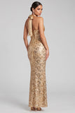 Robe de soirée longue dorée coupe sirène à dos nu, à paillettes