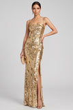 Robe de soirée longue dorée à paillettes avec fente latérale