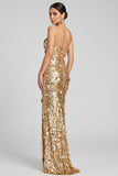 Robe de soirée longue dorée à paillettes avec fente latérale