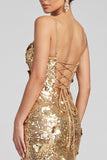 Robe de soirée longue dorée à paillettes avec fente latérale