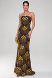 Robe de soirée longue noire et dorée à paillettes avec des perles