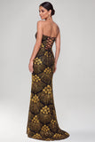 Robe de soirée longue noire et dorée à paillettes avec des perles