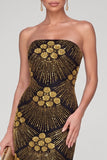 Robe de soirée longue noire et dorée à paillettes avec des perles