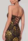 Robe de soirée longue noire et dorée à paillettes avec des perles
