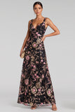 Robe de soirée longue noire et rose à fleurs à col V et à paillettes