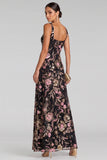 Robe de soirée longue noire et rose à fleurs à col V et à paillettes