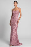 Robe de soirée rose coupe sirène à paillettes et à fines bretelles