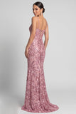 Robe de soirée rose coupe sirène à paillettes et à fines bretelles