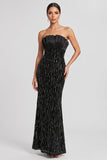 Robe de soirée coupe sirène noire sans bretelles, plissée, à paillettes et en satin