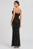 Robe de soirée coupe sirène noire sans bretelles, plissée, à paillettes et en satin