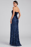 Longue robe de soirée bleu marine coupe sirène sans bretelles en velours à paillettes