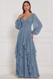 Robe de demoiselle d’honneur Espresso A-Line à col en V à manches bouffantes Maxi à volants