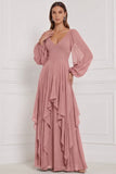 Robe de demoiselle d’honneur Espresso A-Line à col en V à manches bouffantes Maxi à volants