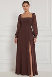 Robe de demoiselle d’honneur Espresso A-Line à manches bouffantes à manches bouffantes Maxi avec fente latérale