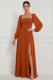 Robe de demoiselle d’honneur Espresso A-Line à manches bouffantes à manches bouffantes Maxi avec fente latérale