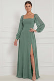 Robe de demoiselle d’honneur Espresso A-Line à manches bouffantes à manches bouffantes Maxi avec fente latérale