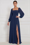 Robe de demoiselle d’honneur Espresso A-Line à manches bouffantes à manches bouffantes Maxi avec fente latérale