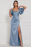 Robe de demoiselle d’honneur espresso à manches évasées à col carré à manches évasées et maxi, robe de demoiselle d’honneur à fourreau avec fente