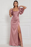 Robe de demoiselle d’honneur espresso à manches évasées à col carré à manches évasées et maxi, robe de demoiselle d’honneur à fourreau avec fente