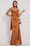 Robe de demoiselle d’honneur Maxi imprimée en satin orange brûlé avec fente latérale
