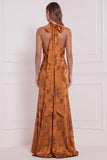 Robe de demoiselle d’honneur Maxi imprimée en satin orange brûlé avec fente latérale