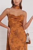 Robe de demoiselle d’honneur Maxi imprimée en satin orange brûlé avec fente latérale