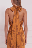 Robe de demoiselle d’honneur Maxi imprimée en satin orange brûlé avec fente latérale