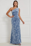 Velut en fourreau bleu, robe longue de demoiselle d’honneur à une épaule froncée