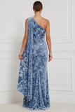 Velut en fourreau bleu, robe longue de demoiselle d’honneur à une épaule froncée