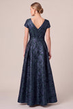 Robe longue de mère de mariée à col en V marine Jacquard à manches longues de la mariée avec ceinture nœud