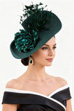 Chapeau fascinator en tissu Sinamay vert foncé avec plume