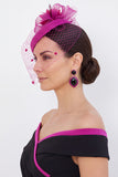 Chapeau fascinateur fleur en tissu Fuchsia Sinamay Birdcage Veil 3D avec plume