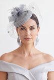 Chapeau fascinateur fleur en tissu Fuchsia Sinamay Birdcage Veil 3D avec plume