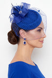 Chapeau fascinateur fleur en tissu Fuchsia Sinamay Birdcage Veil 3D avec plume