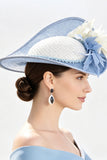 Chapeau fascinator en tissu 3D en tissu Sinamay à bord solide bleu, blanc, avec plumes