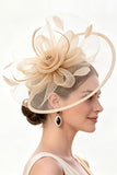 Chapeau fascinator en filet de crinoline de champagne avec plumes