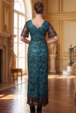 Bourgogne à col V, manches courtes avec détails transparents, fourreau avec paillettes, longue robe des années 1920