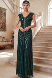 Robe des années 1920 vert foncé à col V avec paillettes, fourreau en mousseline
