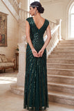 Robe des années 1920 vert foncé à col V avec paillettes, fourreau en mousseline