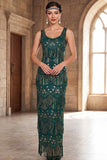 Robe longue avec perles à col rond vert foncé fourreau des années 1920 avec franges
