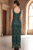 Robe longue avec perles à col rond vert foncé fourreau des années 1920 avec franges