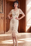 Robe des années 1920 à manches courtes abricot à col V avec paillettes et franges