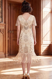 Robe des années 1920 à manches courtes abricot à col V avec paillettes et franges