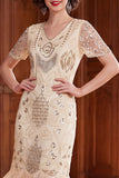 Robe des années 1920 à manches courtes abricot à col V avec paillettes et franges