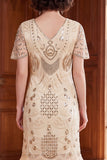 Robe des années 1920 à manches courtes abricot à col V avec paillettes et franges