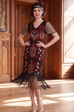 Robe des années 1920 à manches courtes abricot à col V avec paillettes et franges